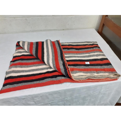 11 - Black, Red, Grey & White Striped Woollen Blanket - Some holes.