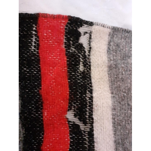 11 - Black, Red, Grey & White Striped Woollen Blanket - Some holes.