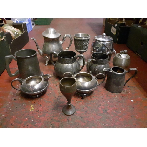 21 - Box of Pewter & Plated Ware - Tankards, Jugs, Goblets etc.