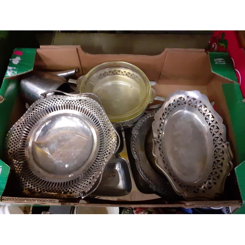 24 - Box of Plated & Stainless Tableware to Include Dishes, Trays, Teapot.