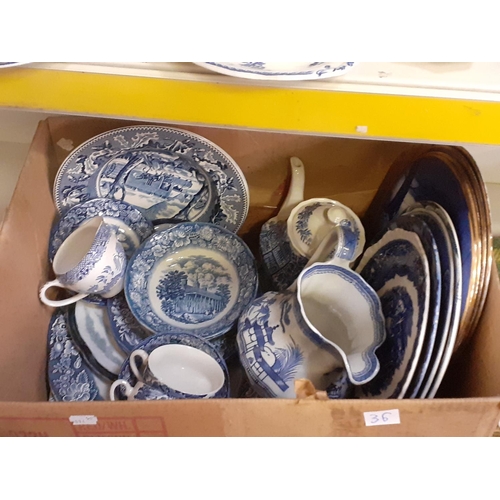 36 - Box of Assorted Blue & White China to Include Spode, Ashworth  Bros, Barratts, Liberty Blue etc.