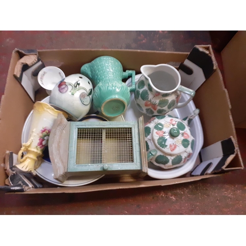 39 - Box to Include Large Jug & Matching Teapot, Jugs, Bowls, Vases Including Wedgwood etc.