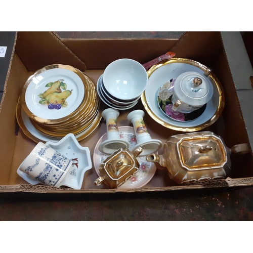 42 - Box to Include Gilt Edged Plates, Oriental Bowls, Candlesticks etc.