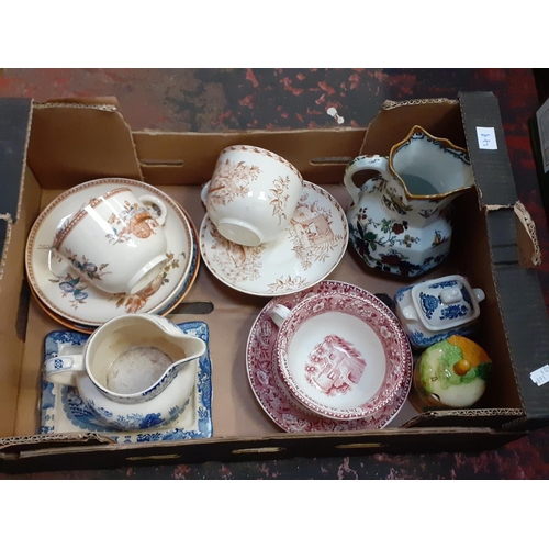 49 - Box to Include Large Cups and Saucers, Wedgwood Blue & White Sugar Bowl with Lid, Masons Blue & Whit... 