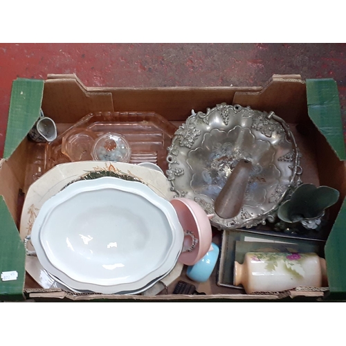 65 - Box to Include Plated Dish, Wedgwood, Alfred Meakin & Other China.