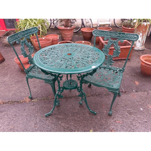 671 - Green, Circular Aluminium Patio Table & Two Matching Chairs.