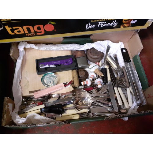 35 - Box of Assorted Cutlery, Chopping Board, Hip Flask etc.