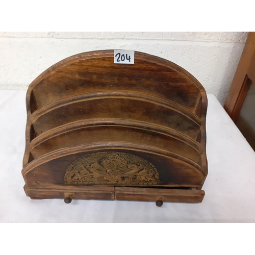 204 - Vintage Oak Letter Tidy with Twin Drawers & Brass Decor.