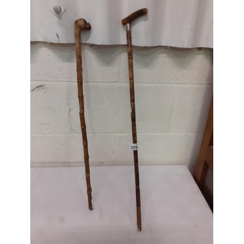 224 - Two Wooden Stick Canes - one with silver collar.