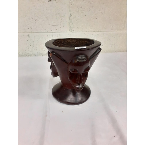 230 - Hand Carved Three Face Tribal Wooden Pot - approx 8