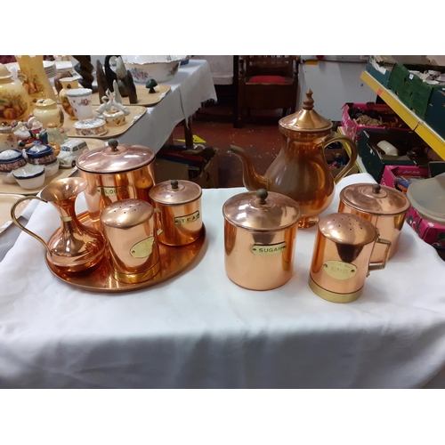 385 - Tray of Copper Ware Including Teapot, Storage Jars, Jug & Tray.