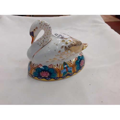 434 - Royal Crown Derby Swan Paperweight with Gold Stopper.