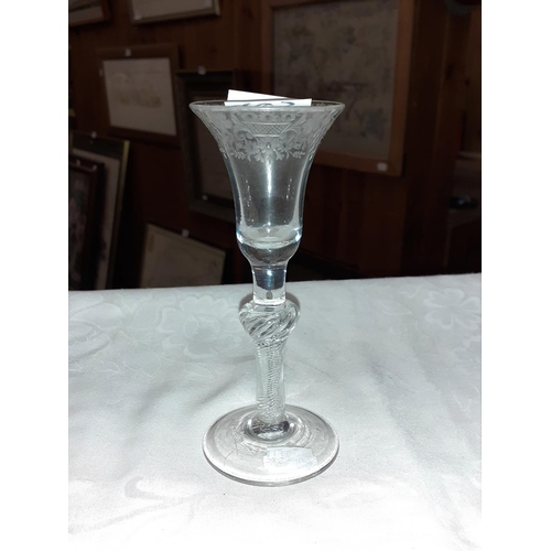 463 - Georgian Hand Made Twist Stem, Etched Bowl Toasting Glass.