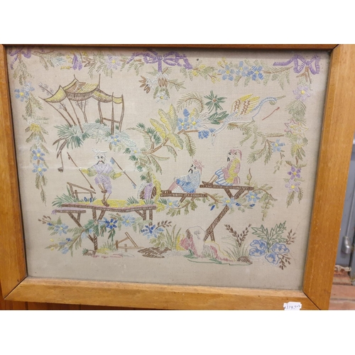 492 - Light Wooden Framed & Glazed Embroidered Oriental Picture - approx 40cm x 48cm.