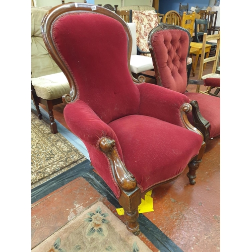 525 - Two Victorian Library Chairs with Red Velvet Upholstery, One is Button Back.