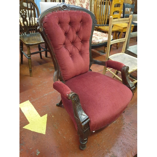 525 - Two Victorian Library Chairs with Red Velvet Upholstery, One is Button Back.