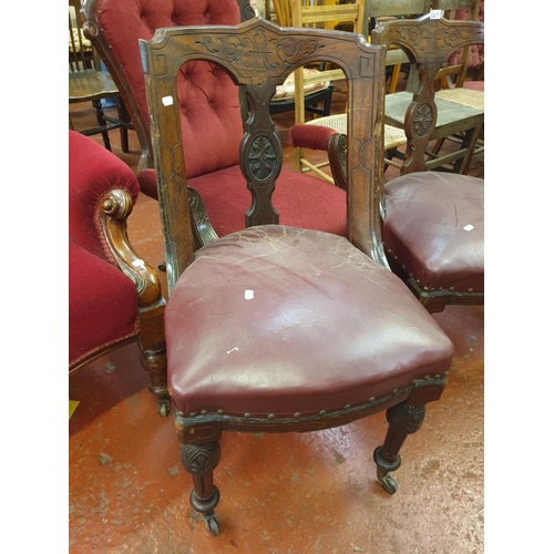 527 - Set of Four Carved Back Demi-Tub Chairs with Leather Seats.