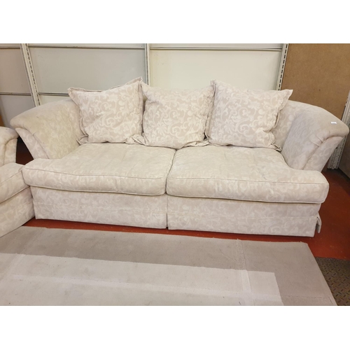 534 - Cream Upholstered Three Seater Settee with Two Matching Arm Chairs & Cushions.