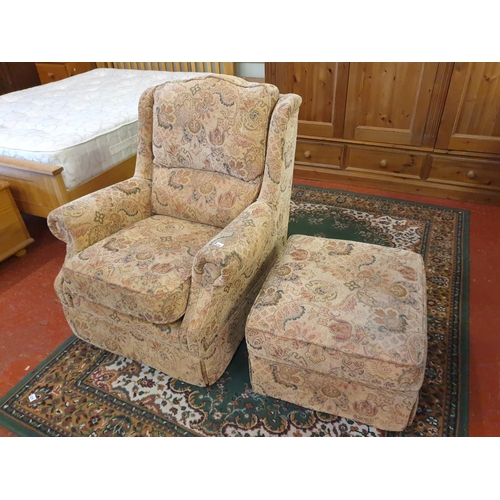 538 - Tapestry Upholstered Fixed Back Arm Chair with Matching Pouffe.