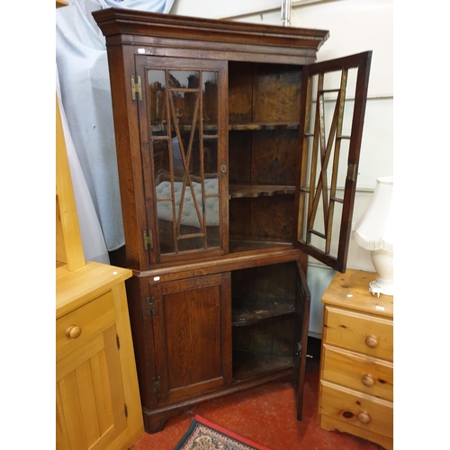 545 - Vintage Oak Glazed Top Corner Cabinet with Oak Beading Over Double Cupboard - approx 73