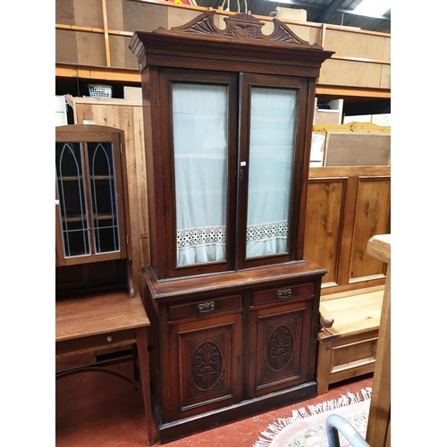 581 - Oak Glazed Top Bookcase over Two Drawers & Double Cupboard - 2.2m tall x 108cm wide x 43cm deep.