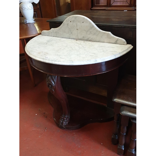 597 - Mahogany Demi Lune, Marble Topped Wash Stand with Carved Claw Front Leg - marble splash back split.