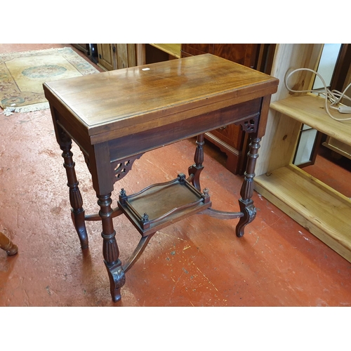 598 - Inlaid Mahogany, Swivel Top Card Table with Undershelf & Green Baize Top - 26