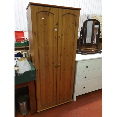 618 - Solid Pine Double Wardrobe - 1.8m tall x 74cm wide x 52cm deep - no rail.