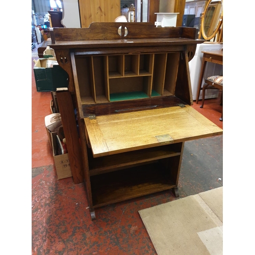 619 - Oak 1890's Student Desk with Drop Front over Single Drawer & Two Shelves.