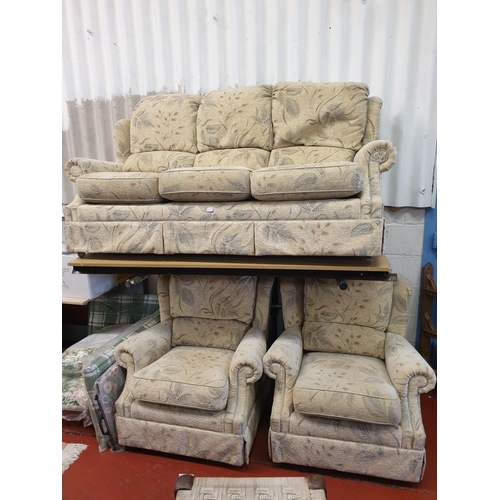 646 - Cream Patterned G-Plan Three Seater Settee with Two Matching Arm Chairs.