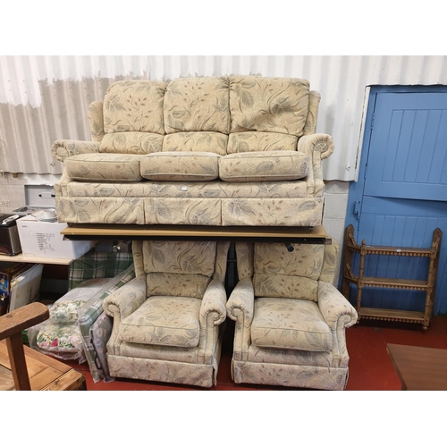 646 - Cream Patterned G-Plan Three Seater Settee with Two Matching Arm Chairs.