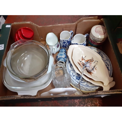 67 - Box of China & Glassware Including Basket, Pyrex Dish, Blue & White Plates, Jugs etc.