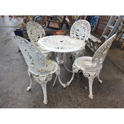 676 - Circular Aluminium White Patio Table & Four Matching Chairs.