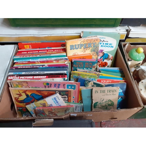 125 - Box of Assorted Books Including Rupert, Spiderman Magazine, Annuals etc.