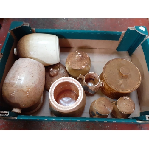 63 - Box of Pottery Salt Cellars, Pottery Mushroom Condiment Set, Pots etc.