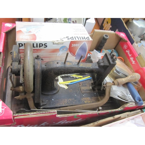 155 - Box to Include Vintage Sewing Machine, Phillips Steam Iron, Black & Decker Drill etc.