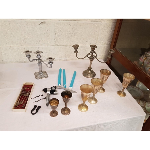 14 - Box of Plated Goblets, Candelabras & Forbs.