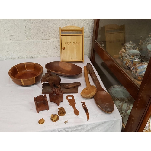 16 - Box of Wooden Items Including Ladle, Key Box, Bowls etc.