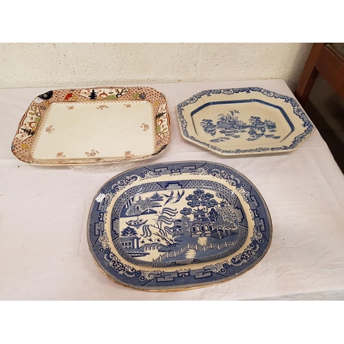 23 - Three Large Meat Plates Including Blue & White, Willow Pattern & Cypress.