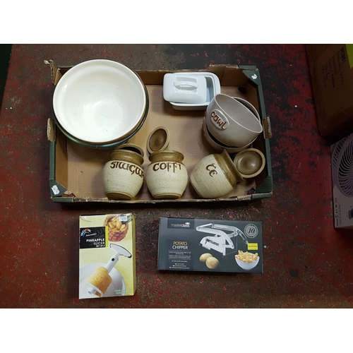 37 - Box to Include Potato Chipper, Cawl Bowls, Storage Jars, Large Mixing Bowls etc.
