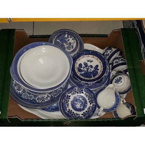 44 - Box of Blue & White China Including Royal Doulton, Old Willow Pattern, Ironstone etc.