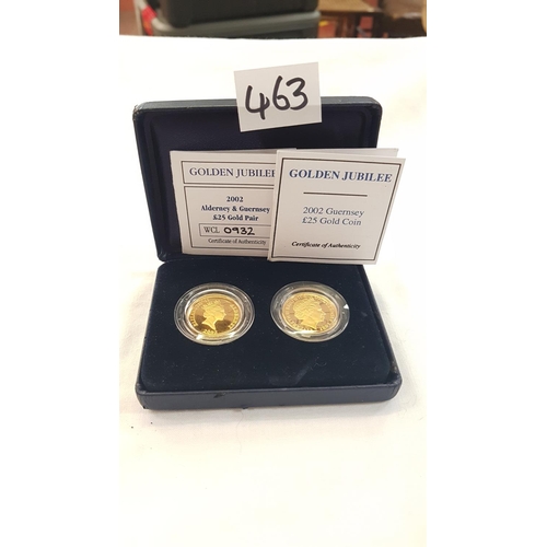 463 - Boxed Set of Two £25 22ct Proof Gold Coins - 2002 Golden Jubilee Alderney & Guernsey Gold Proof Coin... 