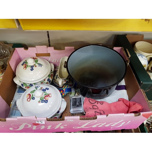 55 - Box to Include Table Linen, Churchill China, Dressing Table Set etc.