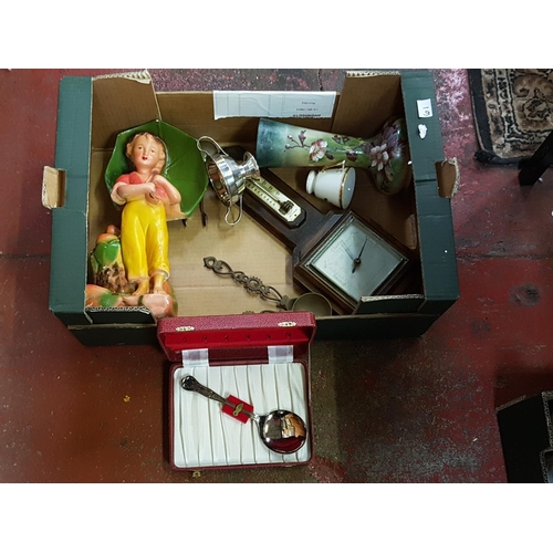 61 - Box to Include Wooden Cased Barometer, Large Ceramic Figure, Love Spoons etc.