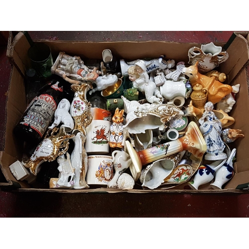 63 - Box to Include Vintage Bottles, Cow Creamers, Ceramic Shoes, Figures etc.