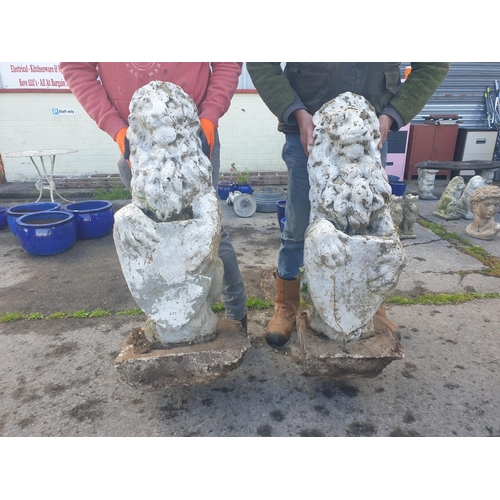 673 - Pair of Heavy Concrete Garden Sitting Lions with Shields - approx 1m tall each.