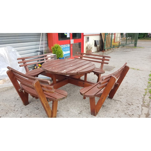 677 - Large Wooden 8 Seater Garden Bench & Circular Table Set - approx 2.5m outside of seat to outside of ... 