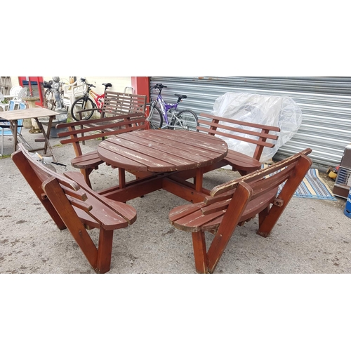 677 - Large Wooden 8 Seater Garden Bench & Circular Table Set - approx 2.5m outside of seat to outside of ... 