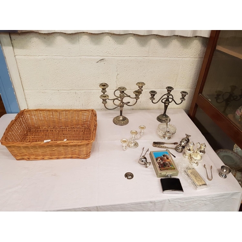 7 - Basket of Stainless & Plated Ware Including Candelabra etc.