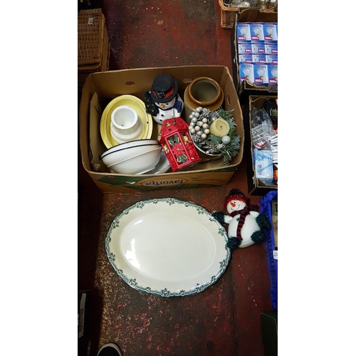 80 - Box to Include Festive Decorations, Large Meat Plate, Other China etc.